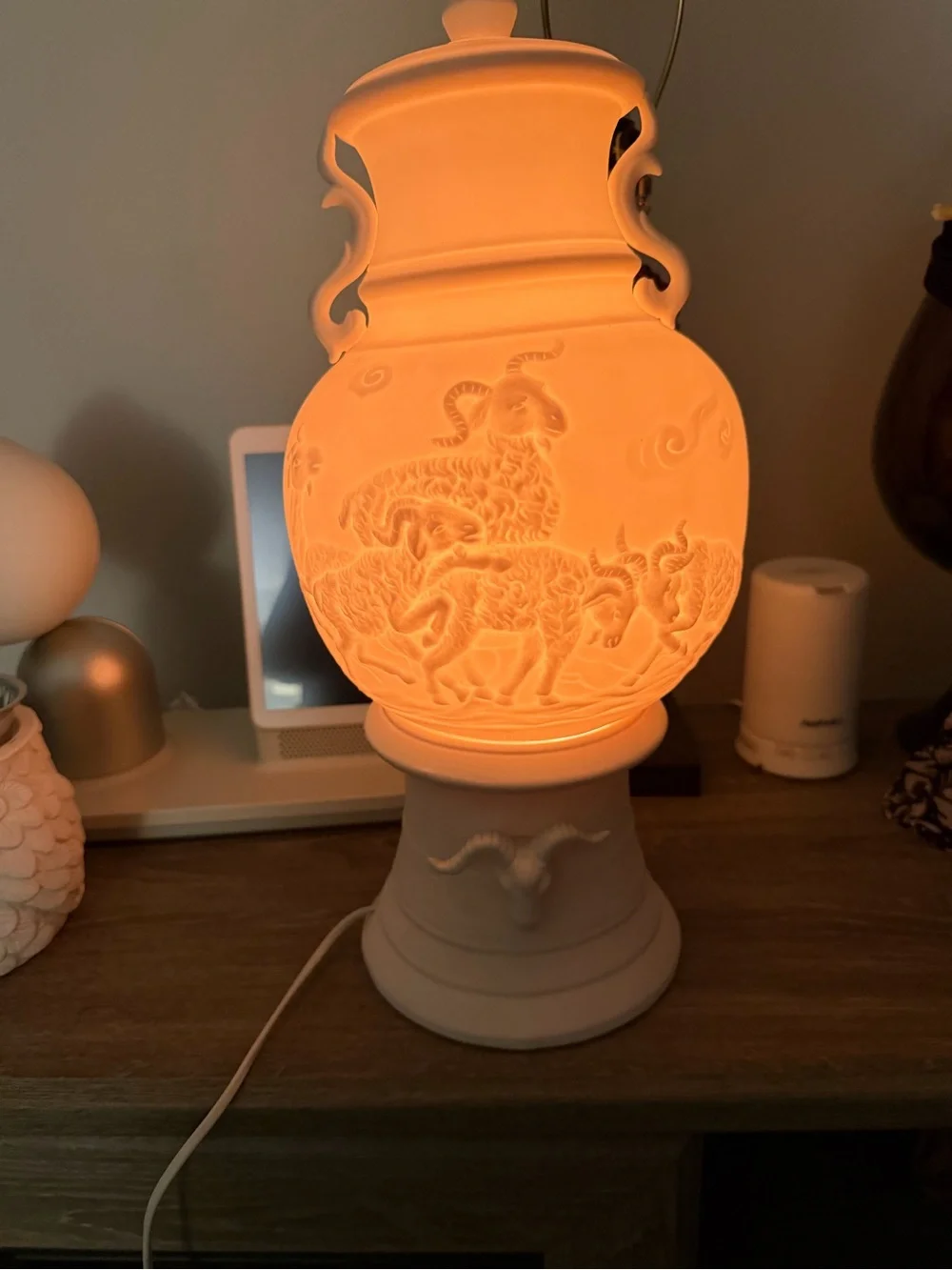 White Ceramic goat  Table Lamp - Elegant Home Accent